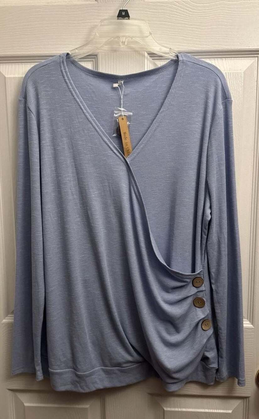 WEIYAN Light Blue Ribbed Wrap Front Long Sleeve Top with Side Buttons Size 2XL